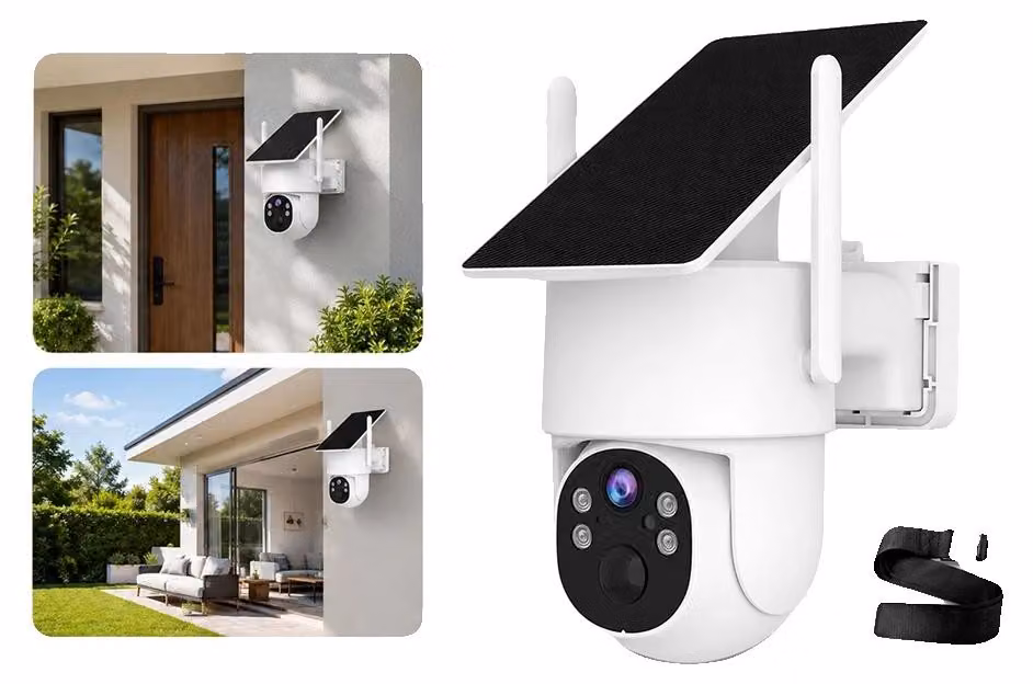 Telecamera di sicurezza, 4MP, connettività IP wireless, lunghezza focale fissa di 2mm, alimentazione a energia solare, resistente all'acqua (grado di protezione IP66)