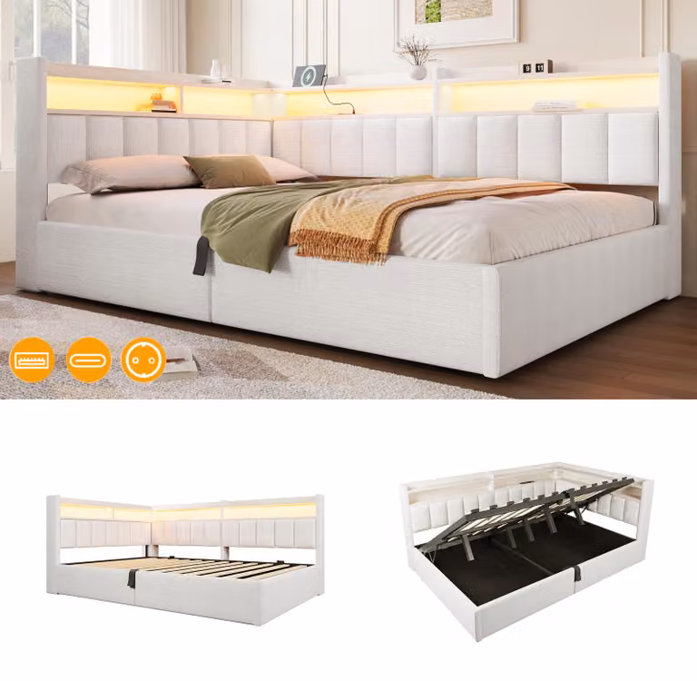 Letto a giorno 140 x 200 cm con struttura contenitore idraulica, striscia LED, pannelli laterali montabili su entrambi i lati e prese USB, rivestito in velluto color crema