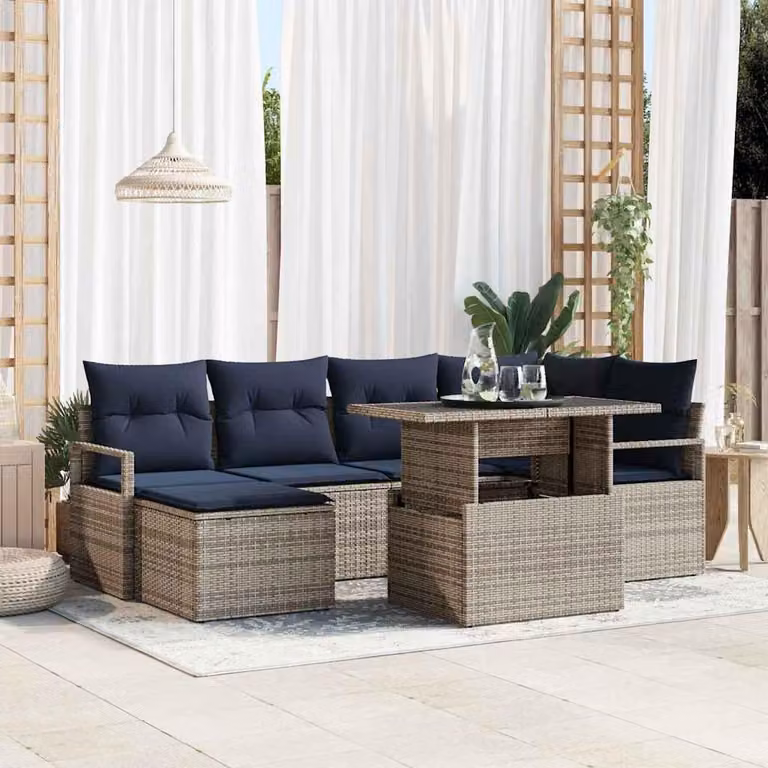 Maison Exclusive - Set da giardino composto da 7 pezzi. Divano e poltrone in rattan sintetico, colore grigio e blu navy