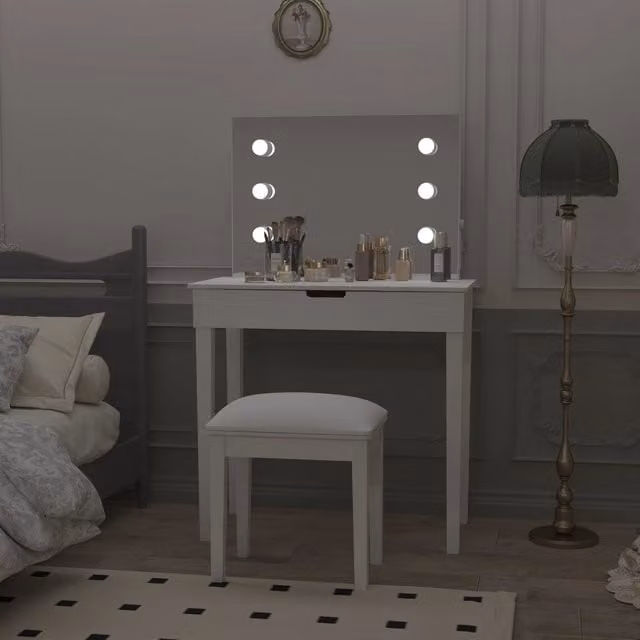 Toeletta con specchio LED e sgabello 6 luci regolabili 3 tonalità 2 cassetti prese USB e Type-C bianca