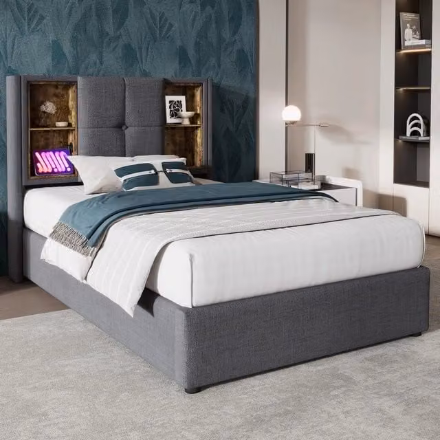 Letto Singolo Imbottito con Contenitore e Rete a Doghe ¨C MINIMAL ¨C Grigio, 90x200
