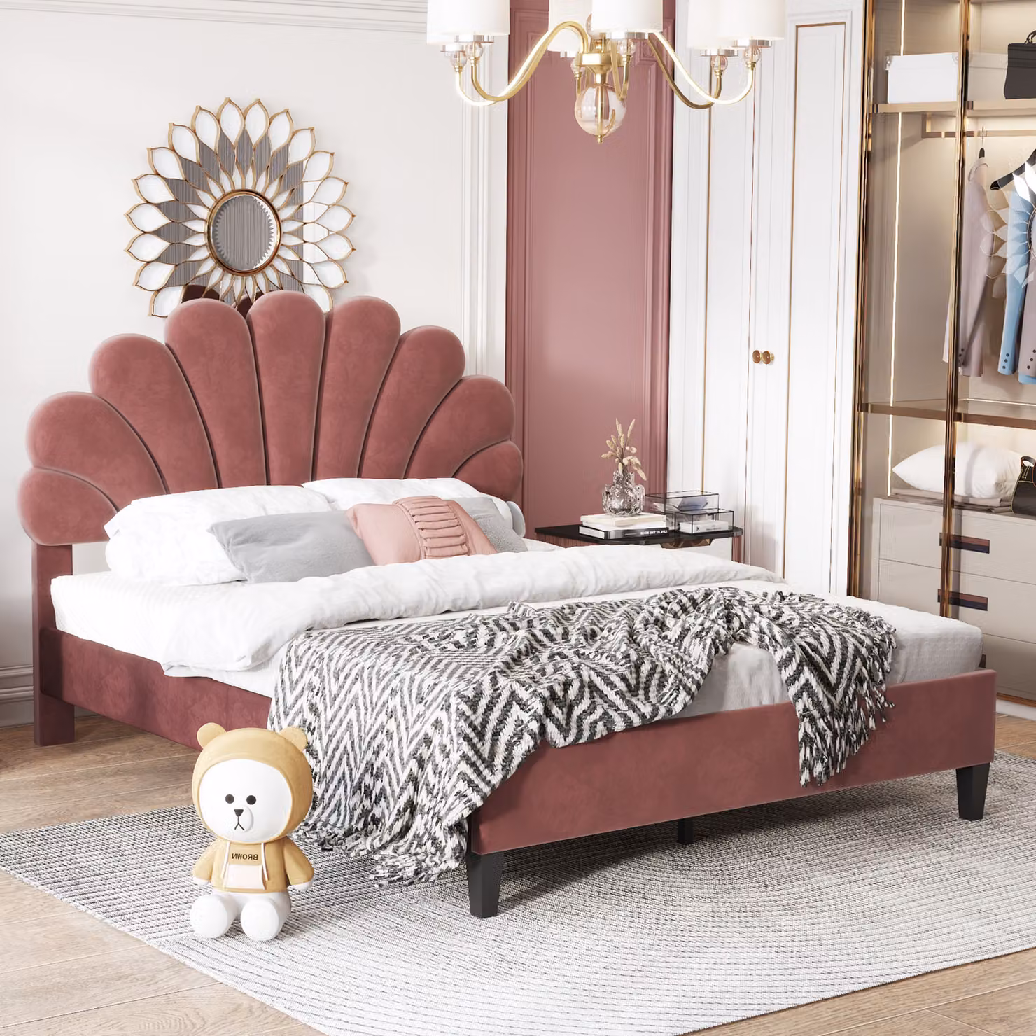 Letto imbottito Merax 140x200cm con testata a forma di fiore e rete a doghe, testata regolabile in altezza, velluto letto matrimoniale letto funzionale letto per bambini letto per ragazzi, rosso