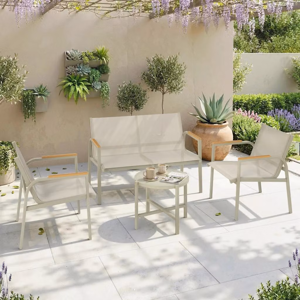Set da giardino Cipacho per 4 persone con divano a 2 posti, 2 poltrone e tavolino, struttura in acciaio verniciato a polvere e sedute in tessuto Textilene, colore verde – 2