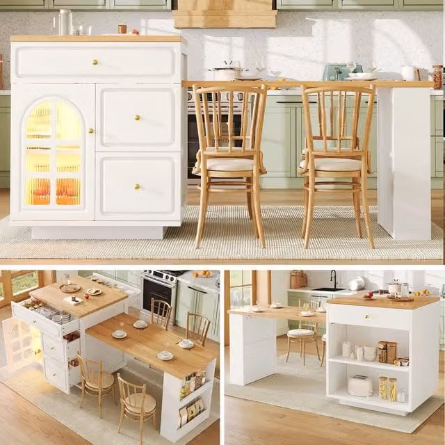 Isola da cucina allungabile ¨C Minimal ¨C Bianco effetto legno con vetro 122.5-195.5cm