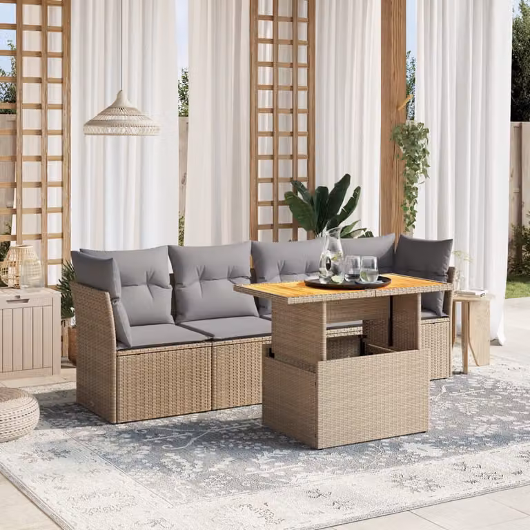 vidaXL Set Divano da Giardino a L con Cuscini Beige e Tavolino, Design Moderno in Polyrattan e Legno di Acacia