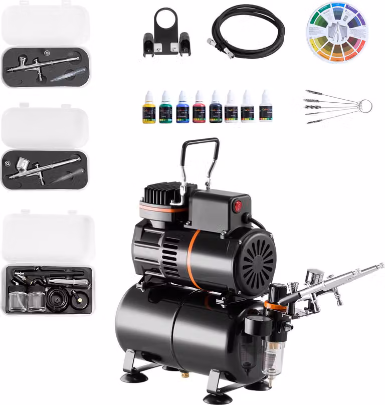 SucceBuy set aerografo 1/6 hp con compressore e serbatoio, doppia azione, 3 pistole con ugelli (0,3/0,3/0,5 mm), tubo flessibile, vernice acrilica e 2 ventole, ideale per la decorazione di torte, pittura di modelli e nail art