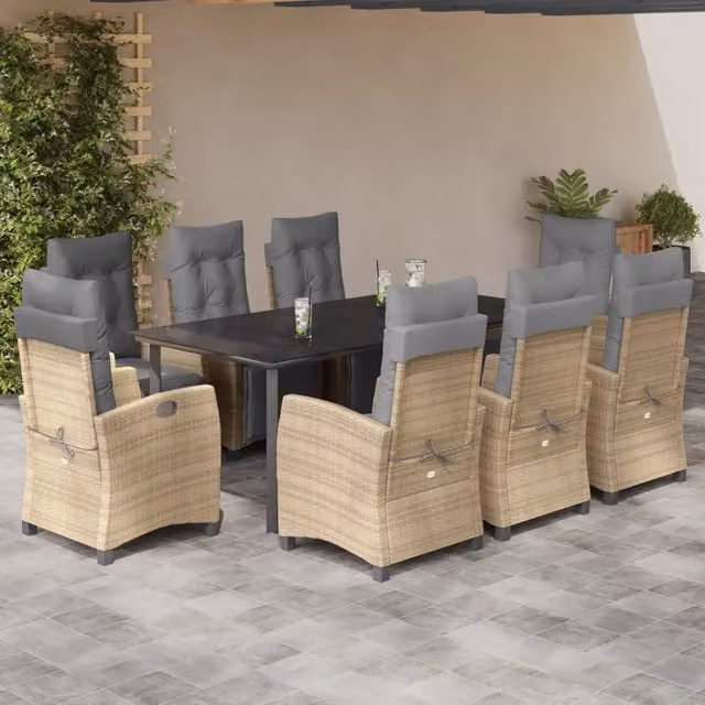 Set da pranzo da giardino vidaXL in polyrattan da 9 pezzi con cuscini beige e piano in vetro – 1