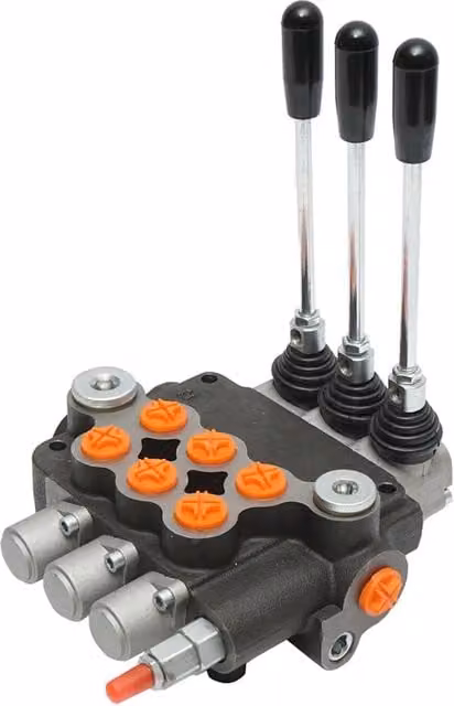 Distributore idraulico Breckner Germany a 3 leve in acciaio nero con portata 80L/min e riduzione inclusa – 1