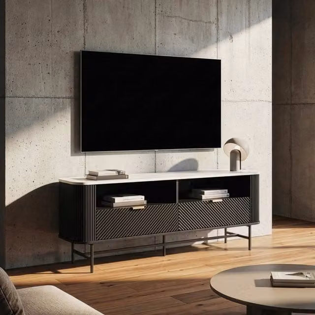 Mobile Porta TV Olvehok en.casa con Cassetti e Scomparti Aperti, Nero e Effetto Marmo Bianco, L 140 cm x P 40 cm x H 55 cm