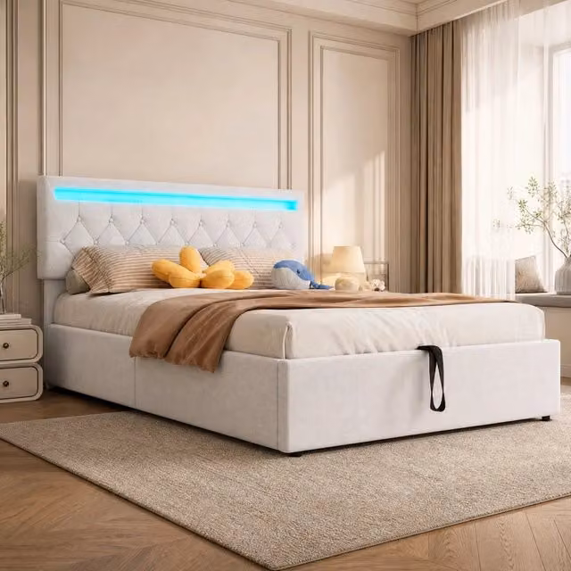 Letto imbottito 140x200 cm bianco con LED, USB-C e contenitore idraulico