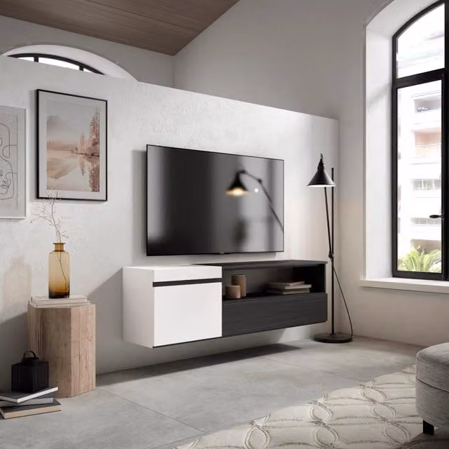 Mobile TV da appendere SKRAUT HOME per soggiorno, Bianco e Nero, L: 150 cm, P: 35 cm, H: 45 cm