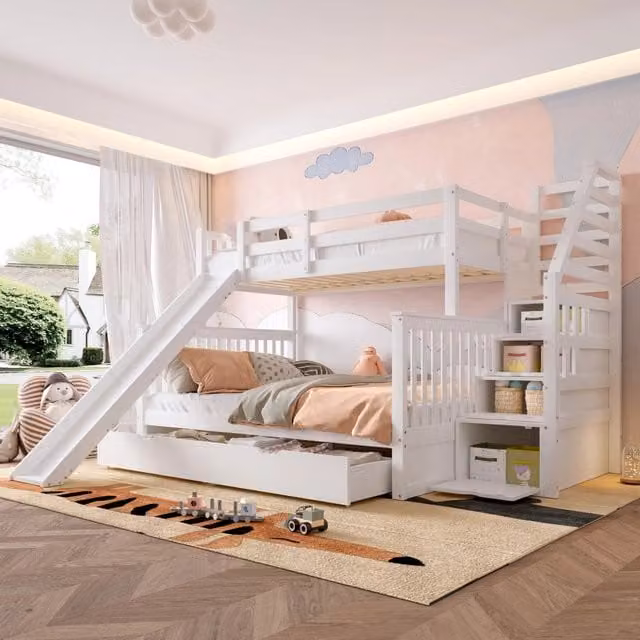 Letto a castello con cassetti, contenitore e scivolo, 90x200+140x200 cm, bianco