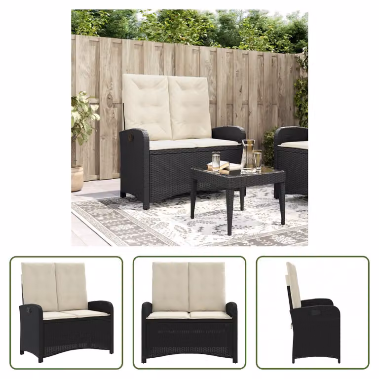 The Living Store Panca da giardino regolabile con cuscini in poly rattan nero