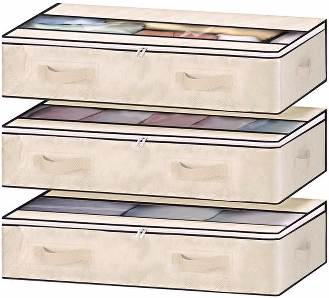 Set Azomor® composto da 3 contenitori pieghevoli da riporre sotto il letto, con finestra trasparente e manici rinforzati