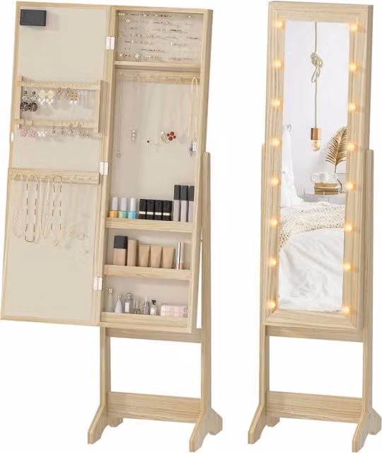 Armadio Joyero Zephmum con Specchio e Luci LED, Bianco, L: 90 cm, P: 51 cm, H: 136 cm