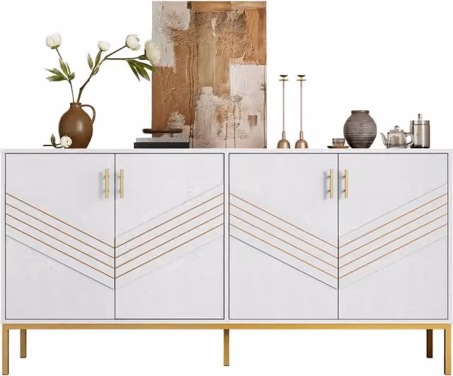 Madia moderna con 4 ante e 2 ripiani regolabili in MDF per soggiorno e sala da pranzo, finitura bianca opaca e dettagli oro, L 160 x P 40 x H 80.5 cm