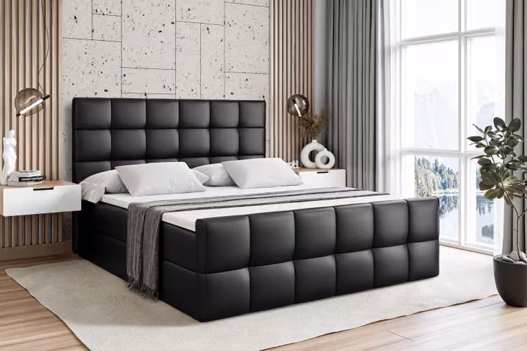 Letto boxspring ALTDECOR con materasso e rete a doghe - APO -Z - 160x200 cm - Ecopelle nera - Letto boxspring, pediera, topper, letto imbottito con contenitore, letto con contenitore H4 - Materasso, letto matrimoniale, letto boxspring