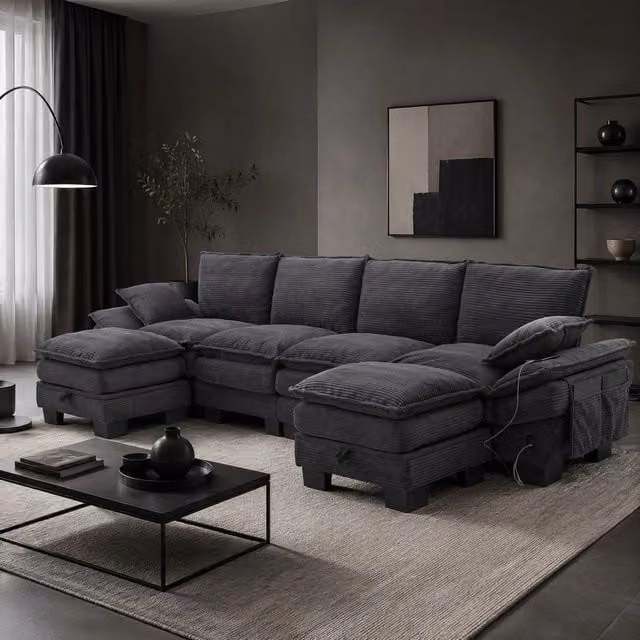Divano componibile a L Mivray in velluto a coste grigio con 2 pouf e ricarica USB-C L/P/H: 330 x 132 x 84 cm