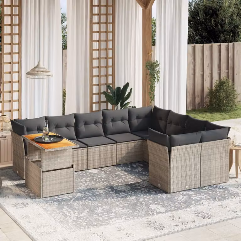 vidaXL Set Divano da Giardino 10 pz in Polyrattan Grigio con Cuscini e Tavolino