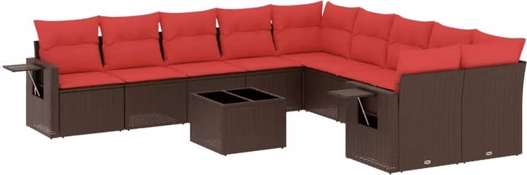 Set Divani da Giardino 11 pz con Cuscini Marrone in Polyrattan