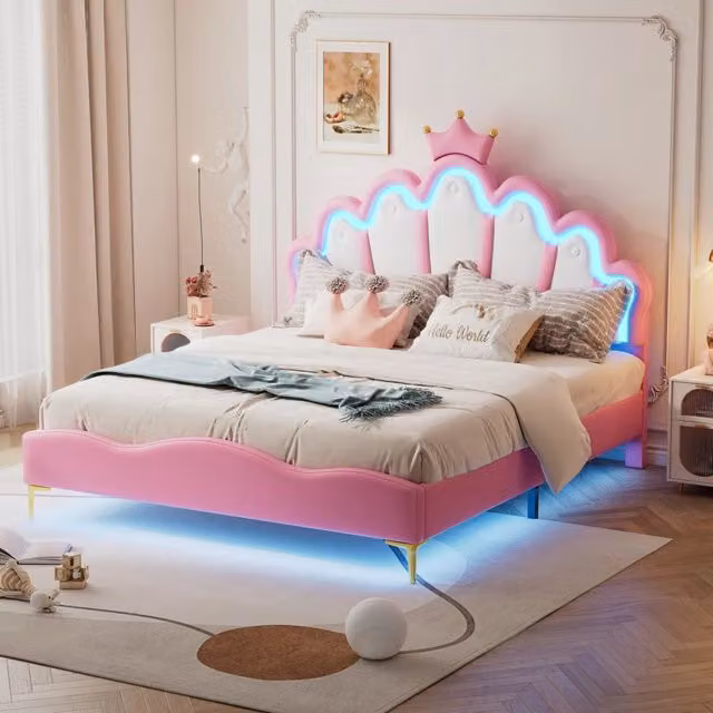Letto matrimoniale Crown Shape Princess 140x200cm con strisce LED in PU rosa