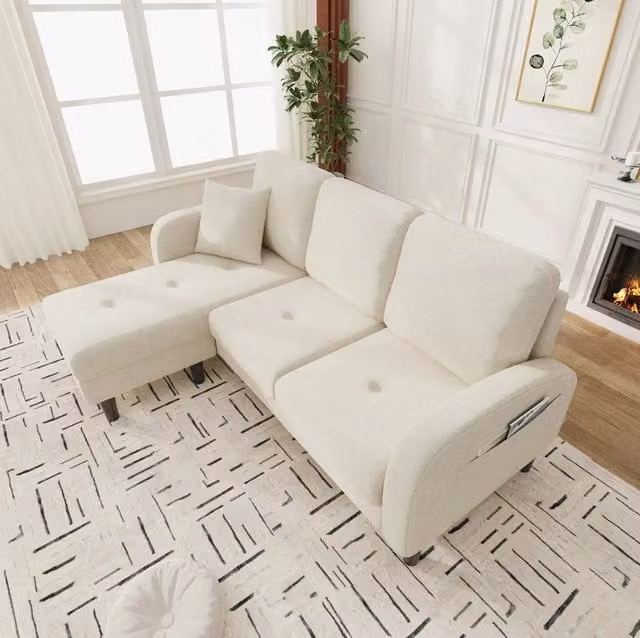 Divano angolare modulare 166x118x77 cm con chaise longue reversibile; schiuma; beige chiaro