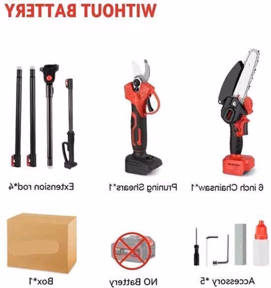 Utensile di taglio a tre lame - Motosega a batteria - Coltello da taglio a batteria - Sega telescopica - Senza fili - 3500W - Leggero - Attrezzo da giardino - Rosso
