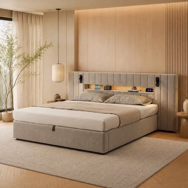 Letto matrimoniale imbottito 180x200 cm in velluto grigio con USB; LED e contenitore