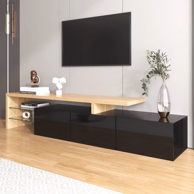 Mobile TV con 3 vani chiusi ripiani in vetro LED a sette colori controllabili tramite app nero e naturale 197.5 × 39 × 42 cm