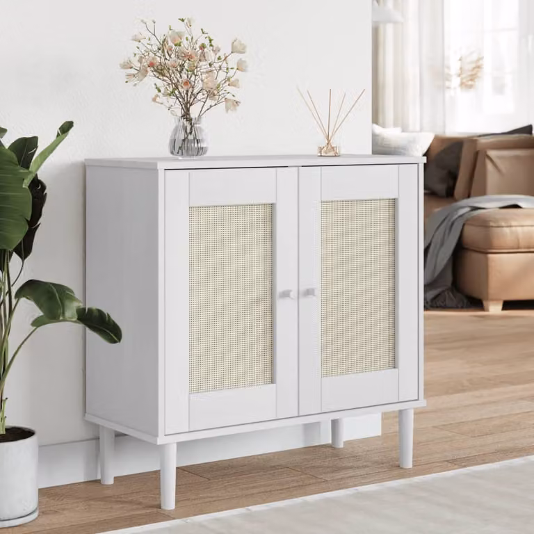 Credenza vidaXL SENJA in legno di pino massello con aspetto rattan, colore bianco, L: 80 cm, P: 35 cm, H: 80 cm