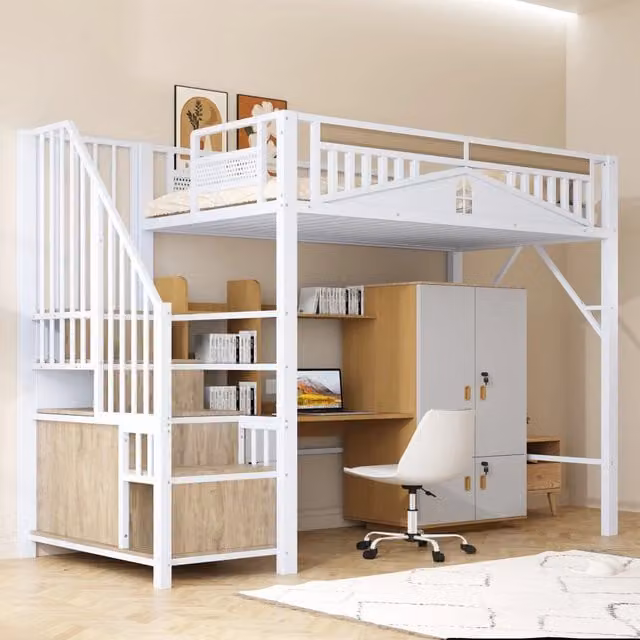 Letto a soppalco 90x200 cm in metallo e legno; scala contenitore; sponde con finestra; bianco; per cameretta