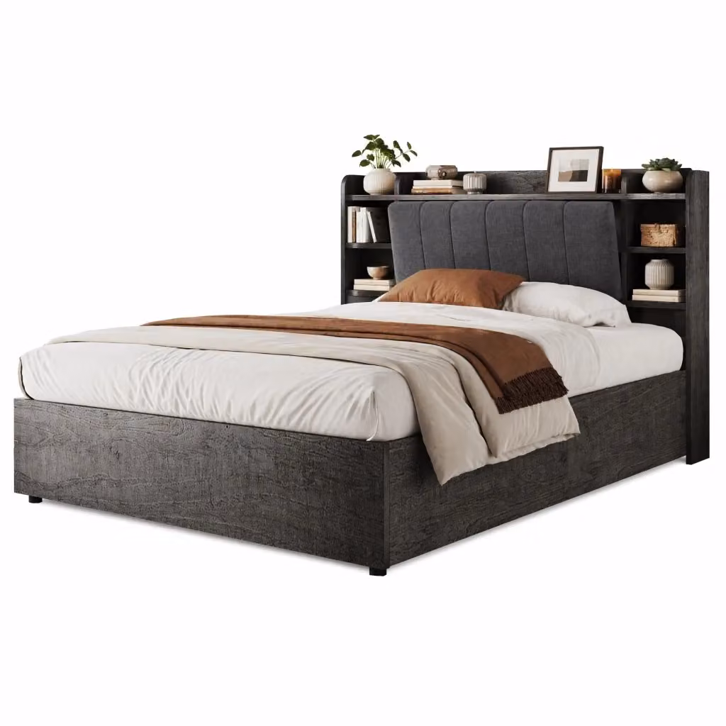 Letto Contenitore Moderno con Testiera con Ripiani e Porte USB/Type-C, Grigio, L/P: 180 x 200 cm – 2