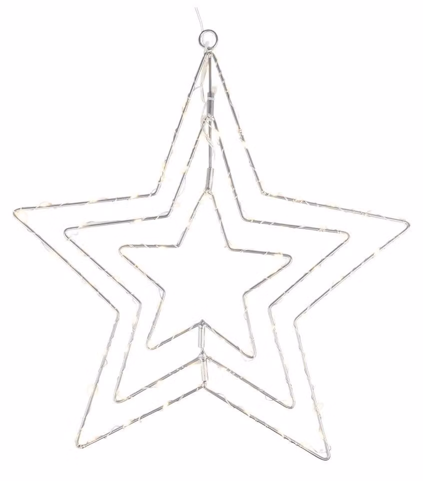 Stella a LED con filo, modello a 3 punte, 80 LED bianco caldo, con timer, color argento, da appendere