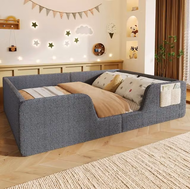 Letto imbottito per bambini 140x190 cm in velluto grigio con sponde removibili HAVRYA