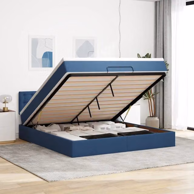 Letto con contenitore a sollevamento vidaXL in tessuto blu e bianco L: 160 cm, P: 200 cm, H: 203 cm – 1