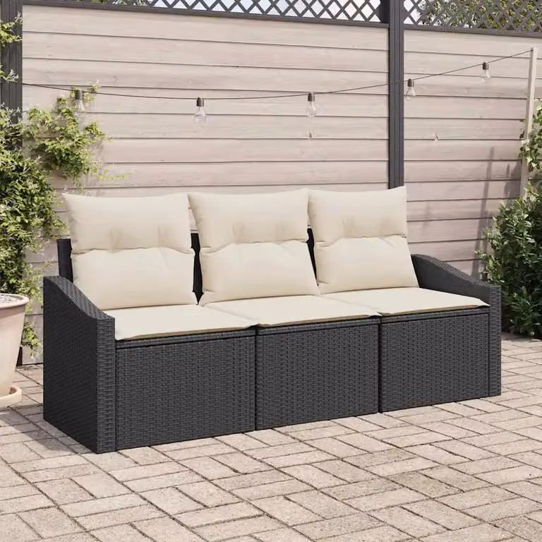 Set Divano da Giardino 3 Pezzi vidaXL in Polyrattan con Cuscini Nero e Bianco