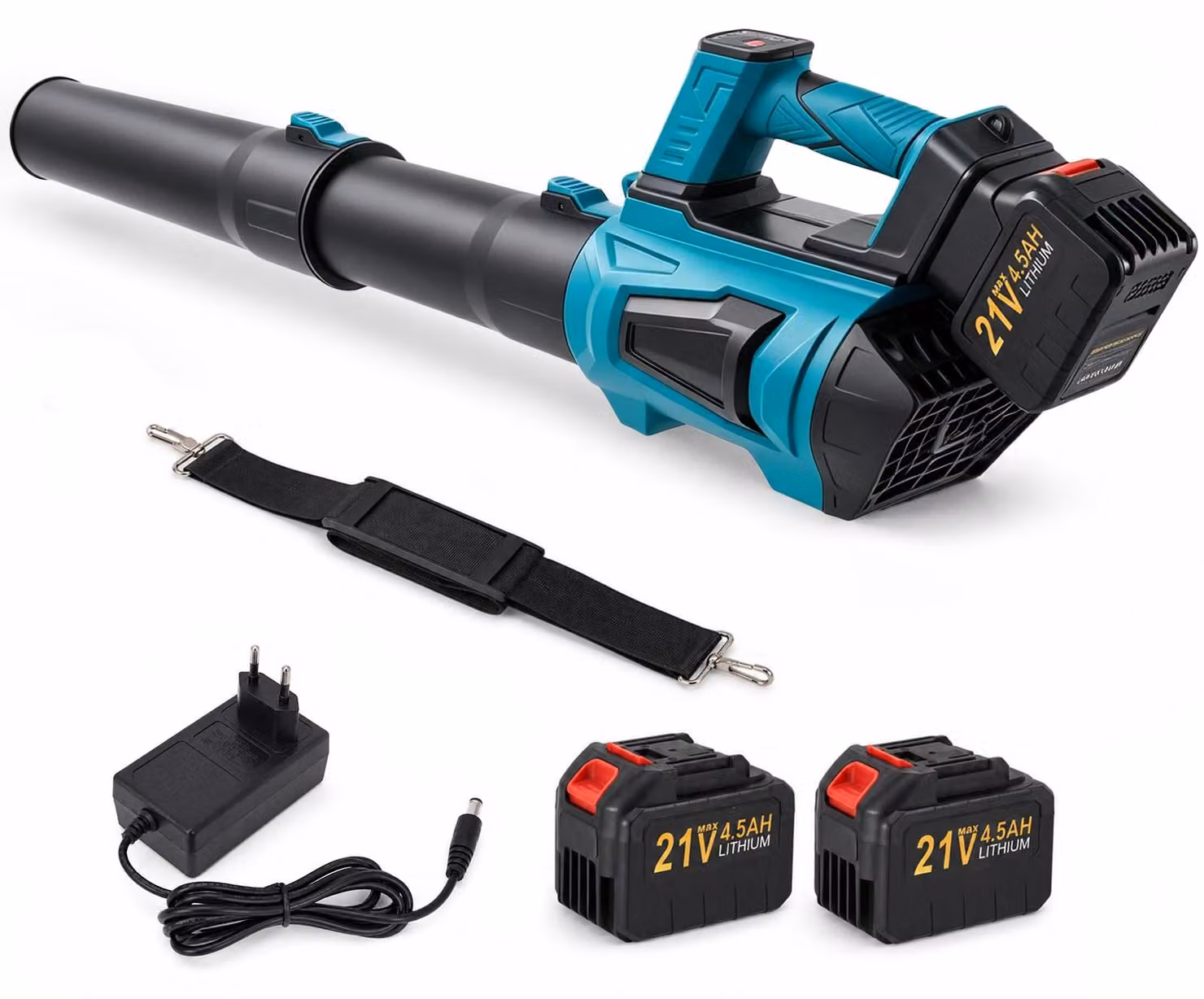 Soffiatore a batteria per foglie, 5 velocità + turbo, 23.500 giri/minuto, 765 m³/ora, 402 km/h, 21 V