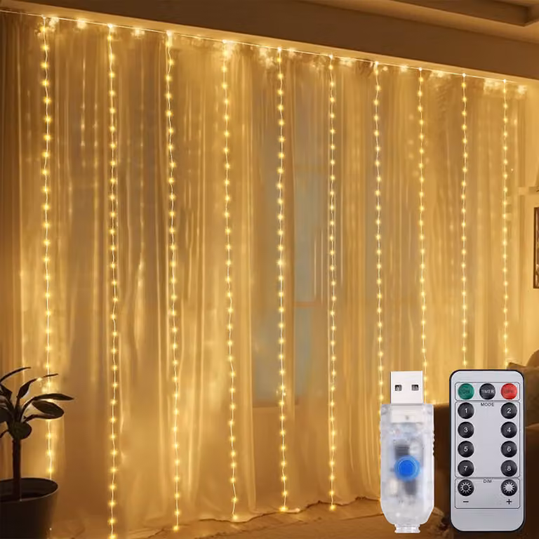 Tenda luminosa a LED, dimensioni 3x3 metri, 300 LED, luce bianco caldo, 8 modalità, grado di protezione IP44