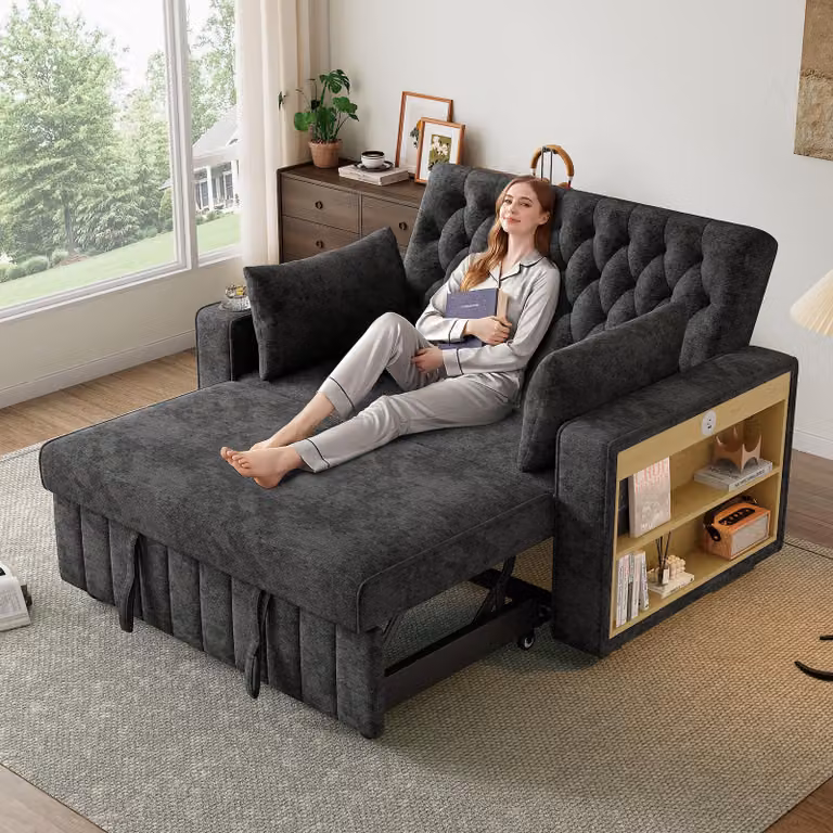 Divano letto multifunzionale Fortuna Lai, divano moderno con meccanismo a scomparsa, dotato di spazio contenitivo, funzione letto, portabicchieri, porta USB e cuscini. Divano salvaspazio ideale per soggiorno, camera da letto e stanza degli ospiti, colore