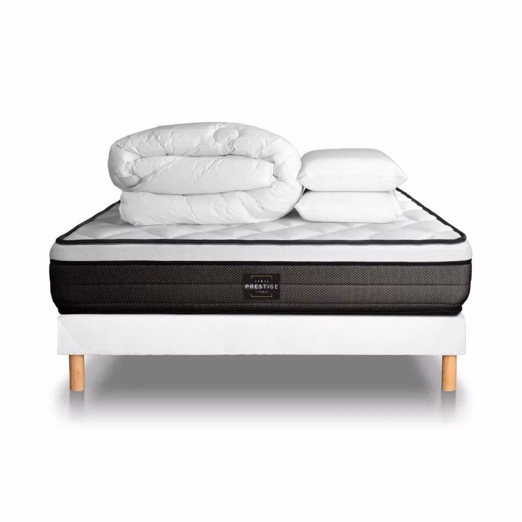 Kit letto completo Prestige Literie Suite in colore bianco con materasso memory foam a molle pocket, box spring imbottito e doghe, piumino e 2 cuscini, dimensioni 200x200 cm – 2