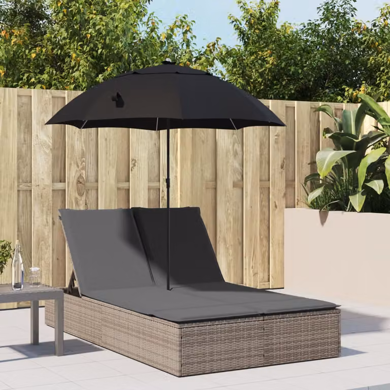 vidaXL Lettino Prendisole Doppio in Polyrattan Grigio con Parasole e Cuscini Regolabili