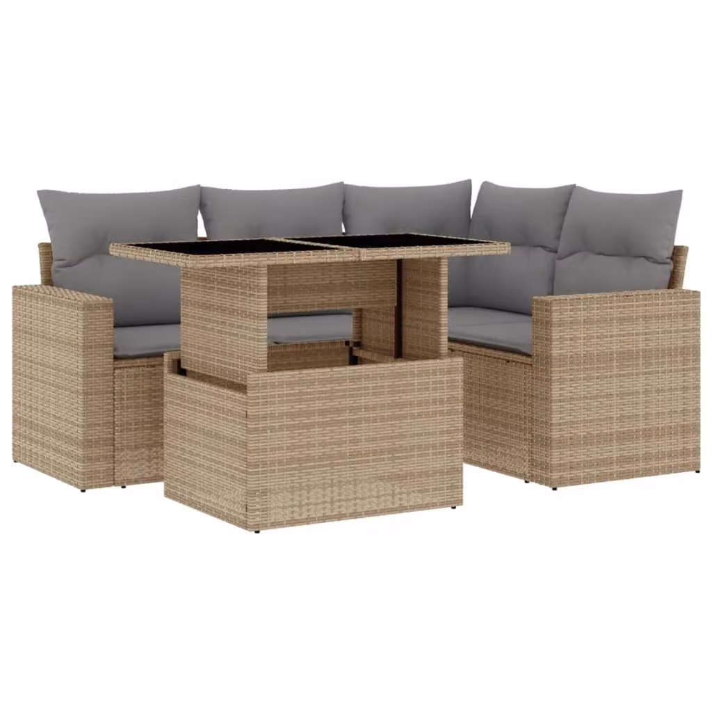 Set Divano da Giardino 5 pz con Cuscini Beige in Polyrattan