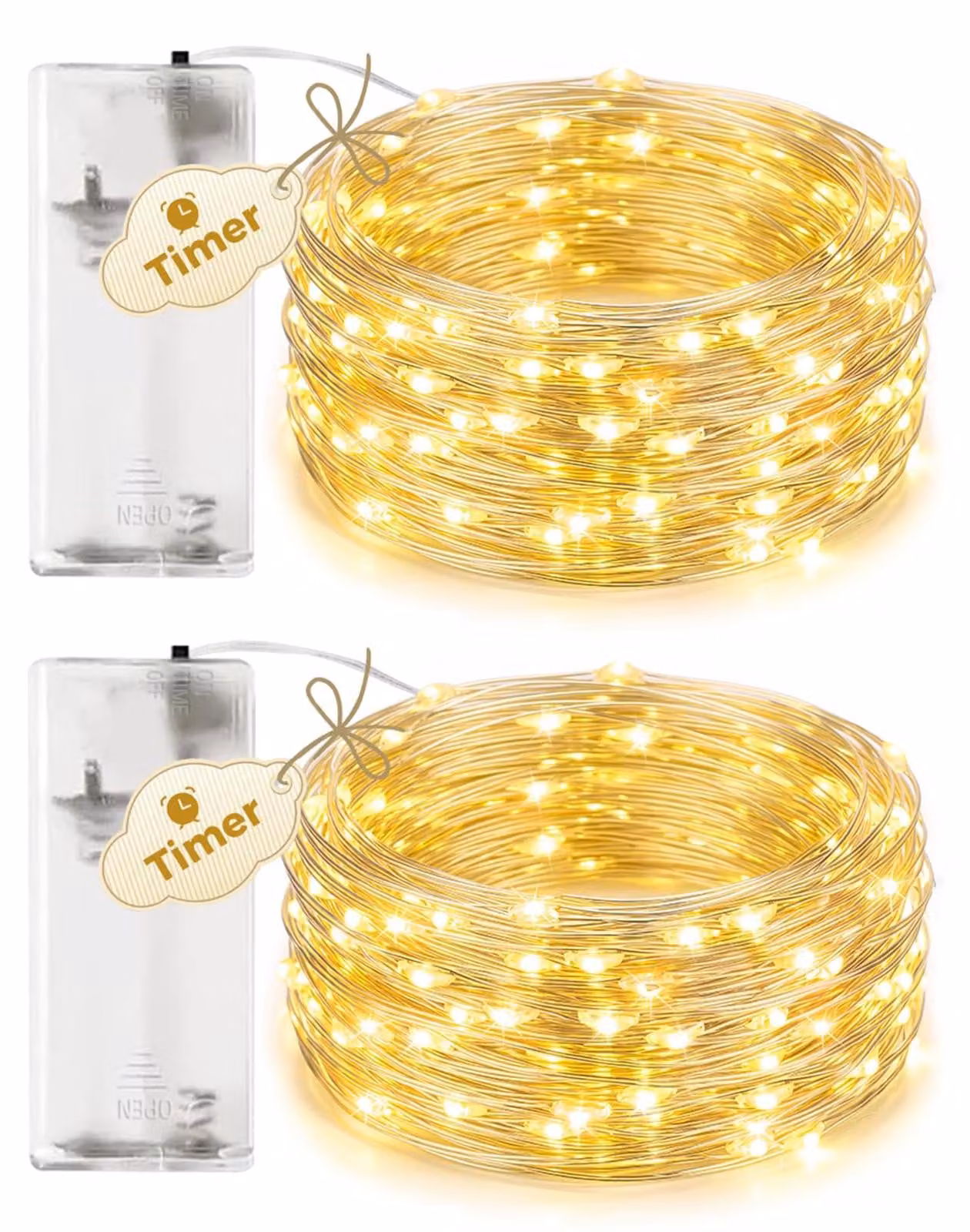 Catena luminosa, confezione da 2, lunghezza 2 metri, 20 LED, luce bianco caldo, con timer