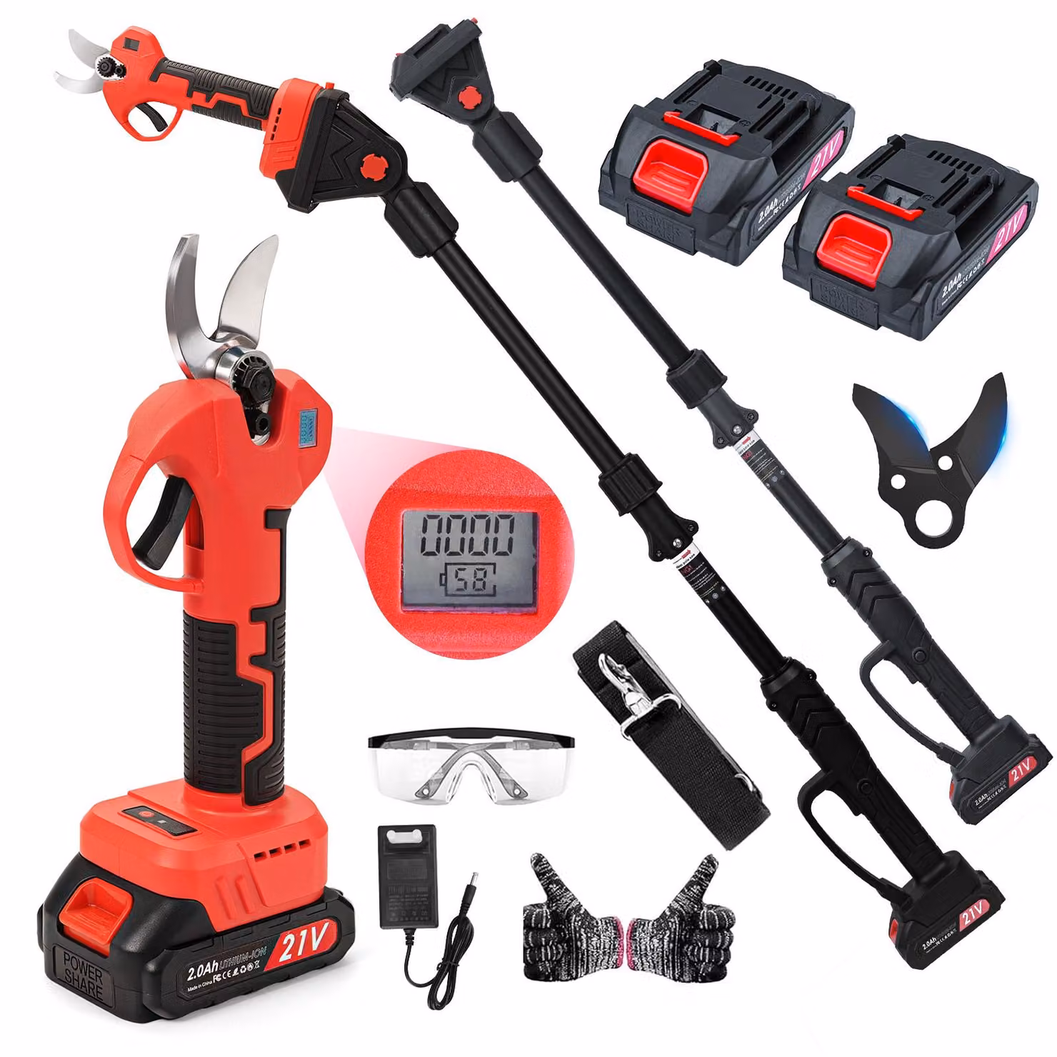 ZELURXX cesoie a batteria 2 in 1 con asta telescopica, motore brushless, cesoie da giardino elettriche da 21 V con 2 batterie da 2000 mAh, 900W