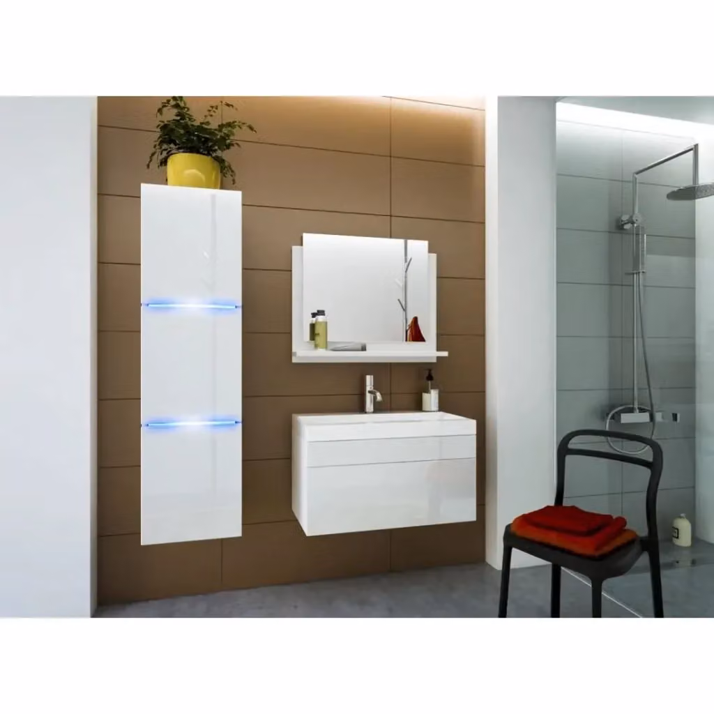 Colonna da bagno sospesa Meublorama bianca con ante a battente e illuminazione LED, design minimalista in MDF, L: 35 cm, P: 37 cm, H: 110 cm – 2