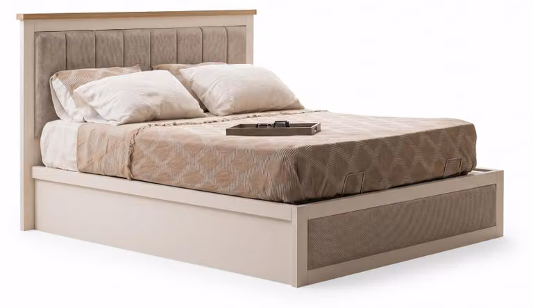 Letto contenitore elegante, color crema, con cassetti, imbottito, design classico