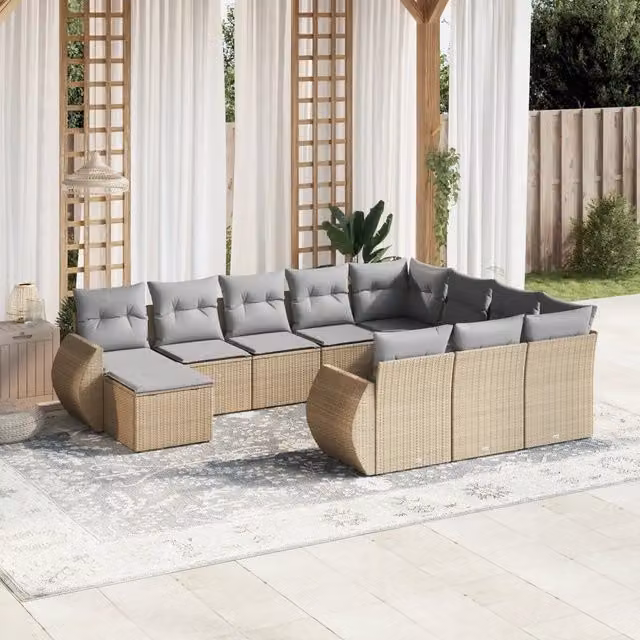 Set da giardino a forma di U vidaXL composto da 11 pezzi in polyrattan con cuscini beige e grigi e tavolino da caffè – 1