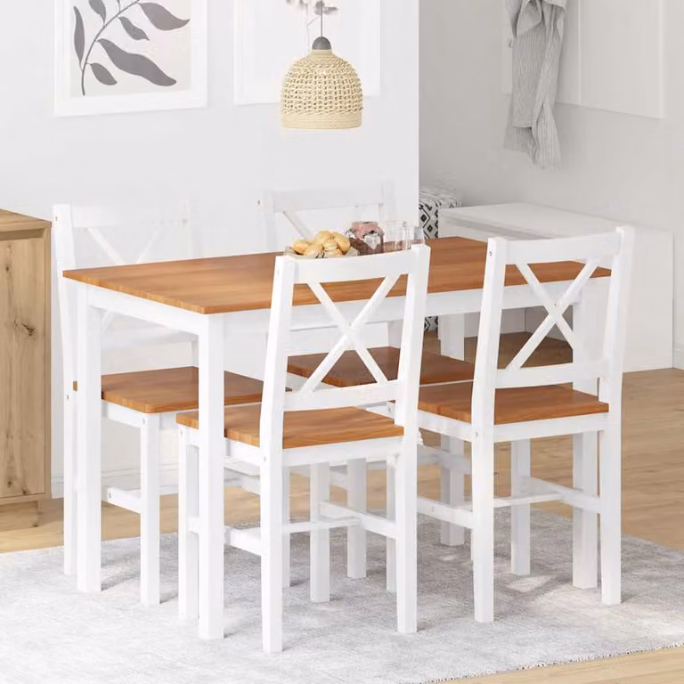 Set da pranzo moderno vidaXL in legno di pino composto da tavolo rettangolare e 4 sedie, Marrone e Bianco