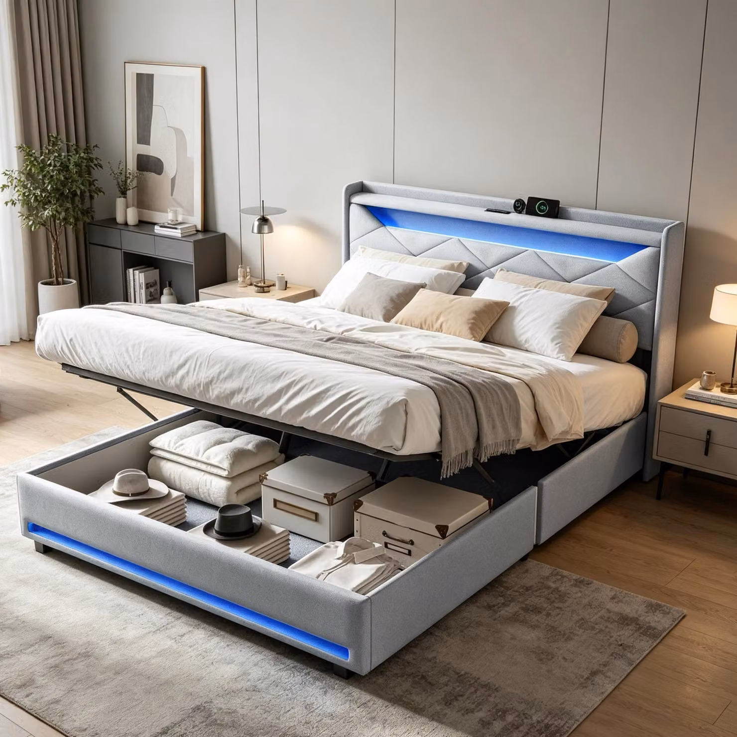 Letto imbottito INONEFT 140x200 cm con LED USB, letto matrimoniale con testiera, letto per ragazzi, letto box con sistema idraulico, letto contenitore con rete a doghe, tessuto in lino, colore grigio