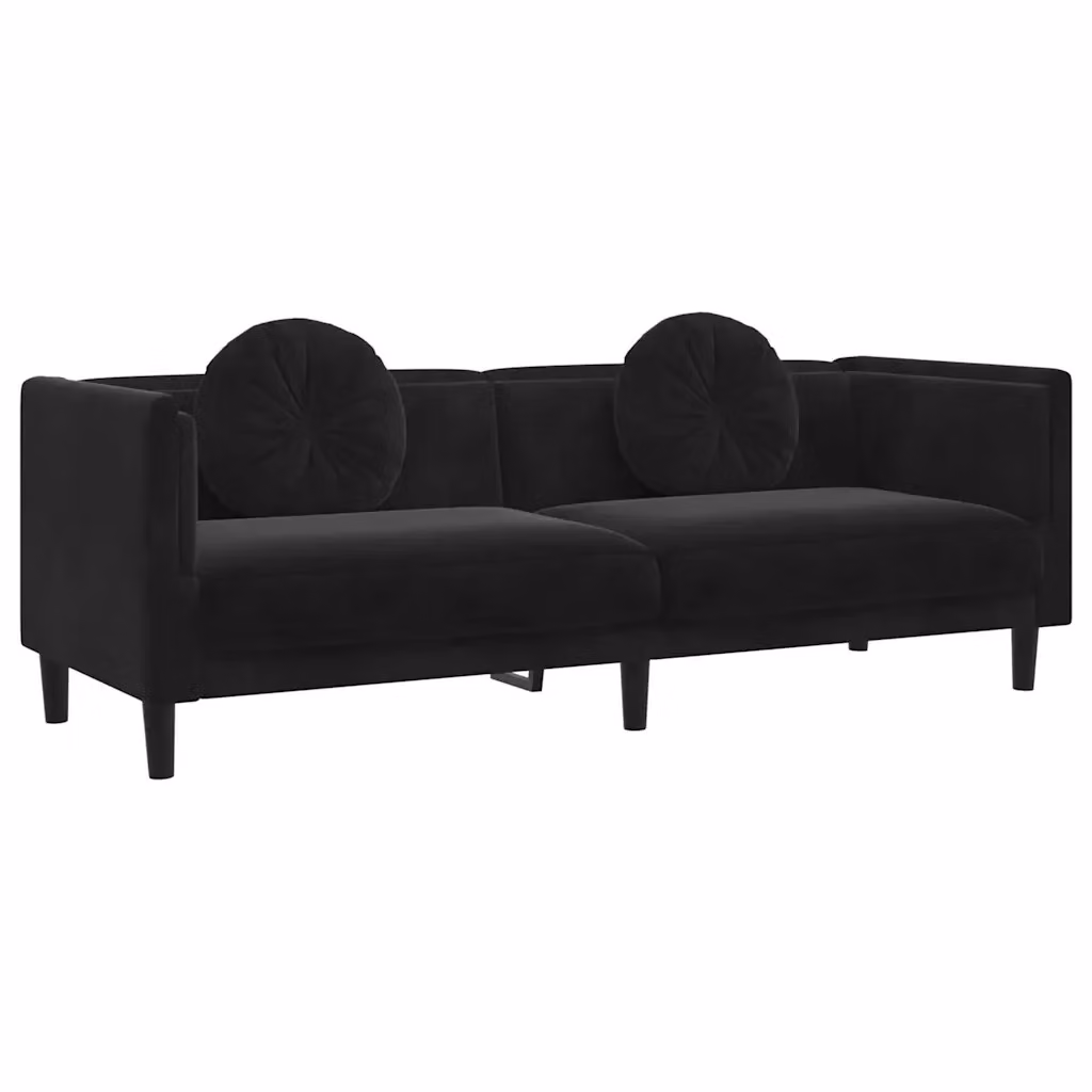 Divano a 3 posti moderno vidaXL in velluto nero con cuscini, L: 193.5 cm, P: 77 cm, H: 70 cm – 2